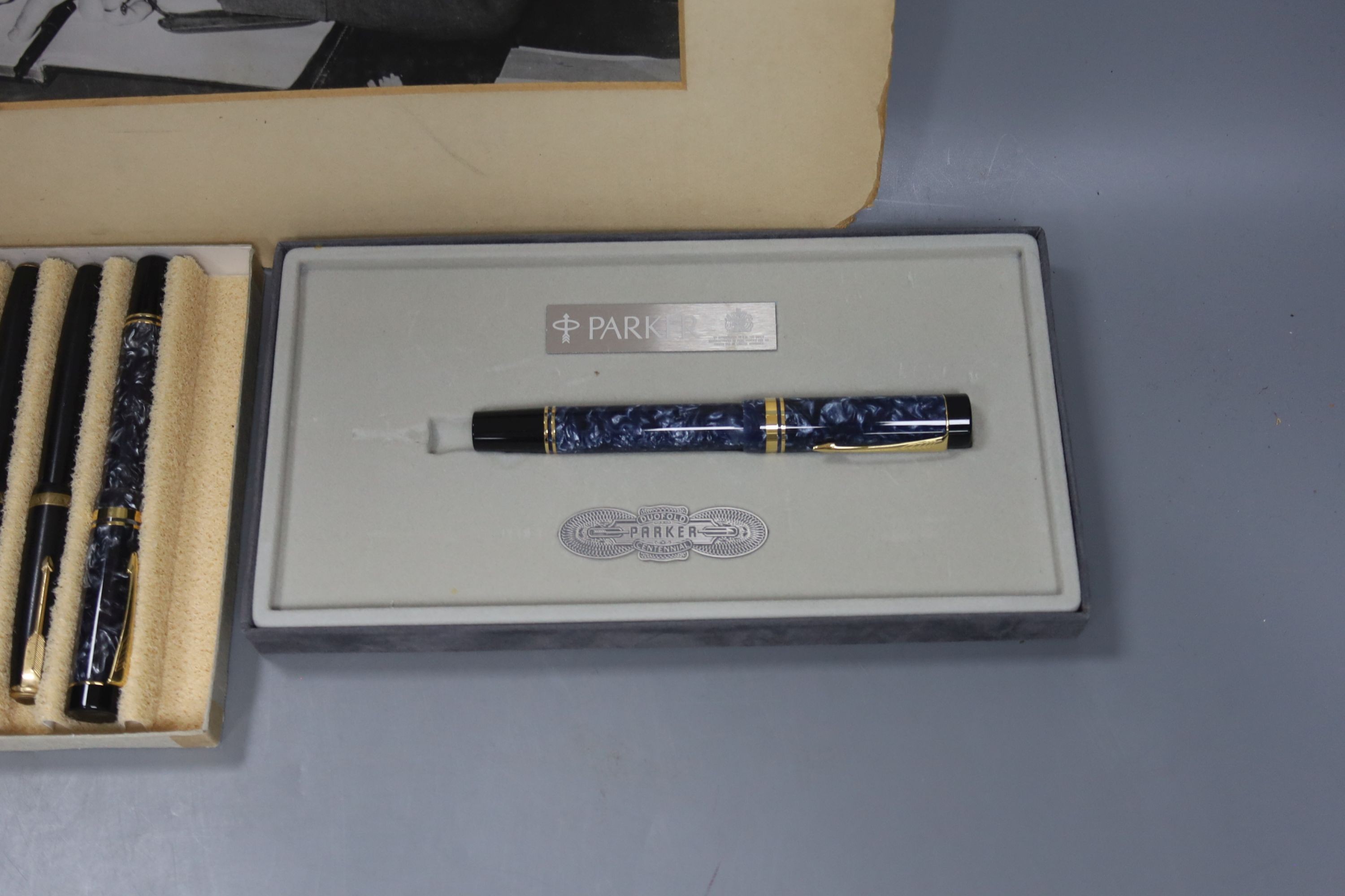 A cased Parker Duofold Centennial fountain pen and 8 others